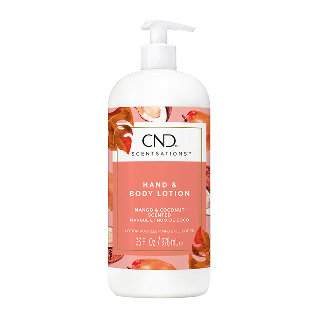 Large plastic bottle of hand and body lotion with peach colour label.